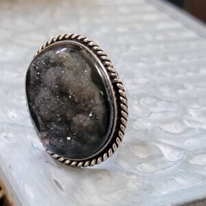 Black Druzy Quartz Statement rings, Sterling Silver Ring, Size 8